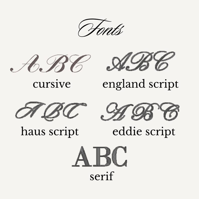 Puede incluir: Una selecci&oacute;n de estilos de fuente mostrados sobre un fondo crema. La palabra "Fonts" est&aacute; escrita en una fuente cursiva en la parte superior. Debajo hay ejemplos de fuentes cursivas, England script, Haus script, Eddie script y serif.