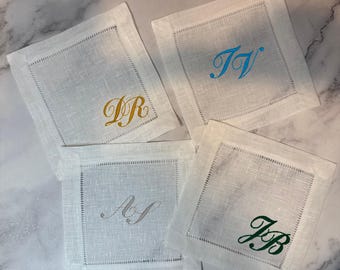 Monogrammed Linen Coasters: Elegant Initial Drink Coasters, Set of 4
