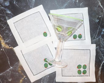 Personalized Linen Olive Coasters: Embroidered Bar Decor, Set of 4