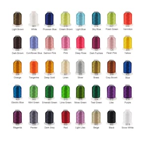 A grid of 40 spools of embroidery thread in various colors, each with a corresponding color name and number.