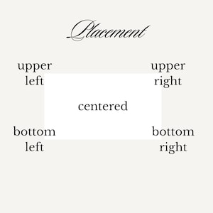 Puede incluir: Gr&aacute;fico color crema con la palabra "Placement" en escritura elegante en la parte superior. Los textos "upper left", "centered", "bottom left", "upper right" y "bottom right" est&aacute;n dispuestos alrededor de un rect&aacute;ngulo blanco.