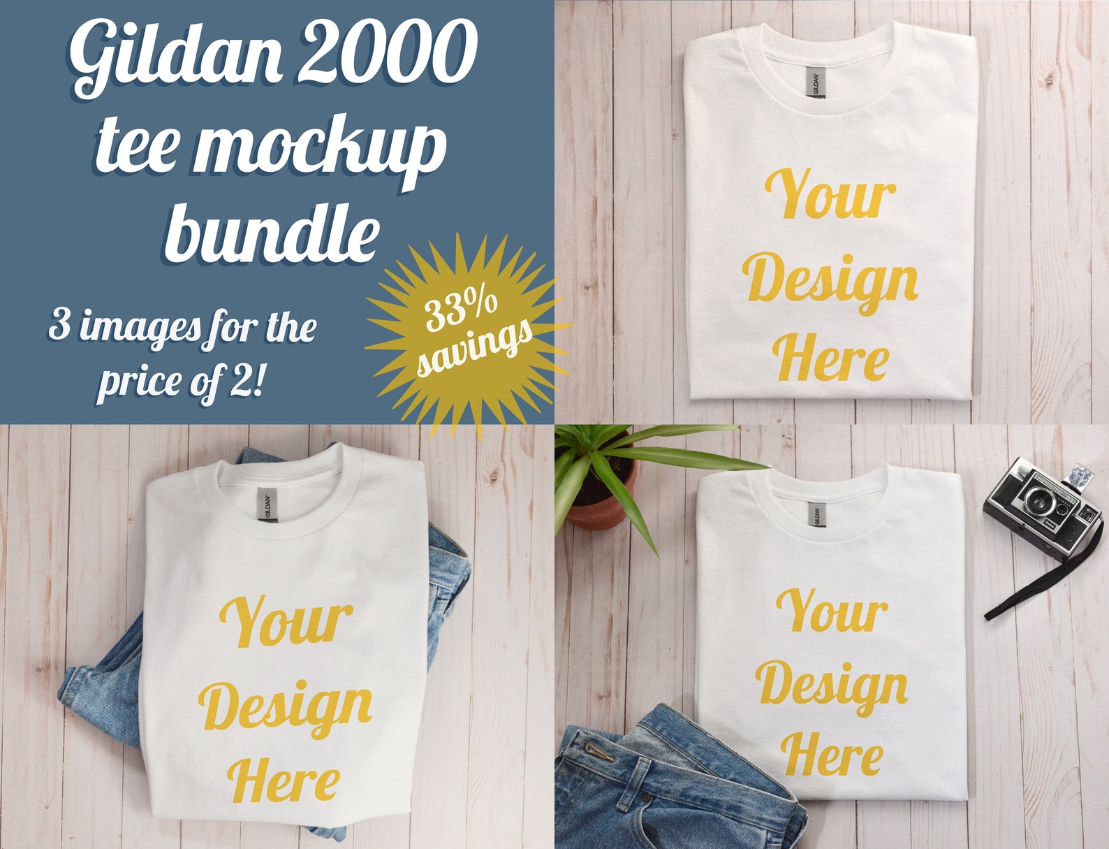 Gildan 2000 Mockup Bundle Bright Whitewashed Wood T-shirt Mock-up
