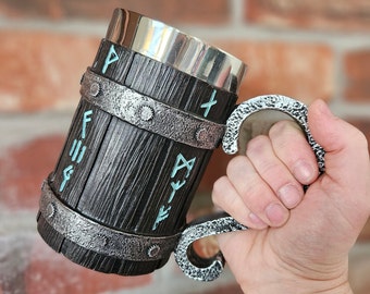 Stainless Steel 20oz Beer Stein with Hammered Handle and Blue Rune Wood Barrel Design