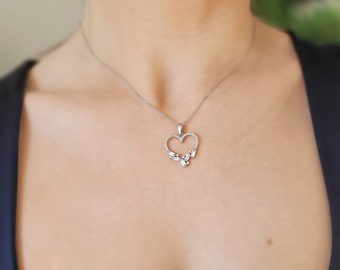 Open Heart Diamond Necklace, Tiny Heart Necklace, 925 Sterling Silver, Valentines Day Gift, Gift For Her