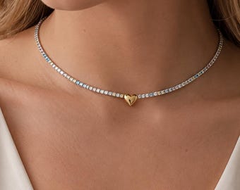 Pastell Regenbogen Choker Halskette, 925 Sterling Silber Tennis Halsreif mit Gold Herz Anhänger, Zierliche Bunte Herz Halskette