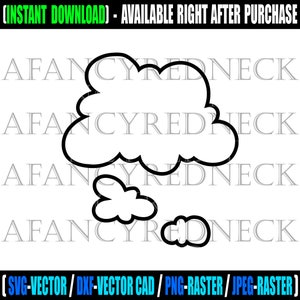 Puede incluir: Esquema en blanco y negro de una burbuja de pensamiento con dos nubes más pequeñas debajo.