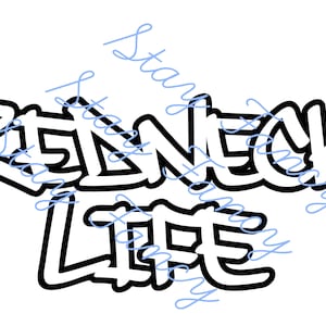 Może przedstawiać: Czarno-biały projekt graficzny z tekstem "Redneck Life" w stylizowanym foncie graffiti.