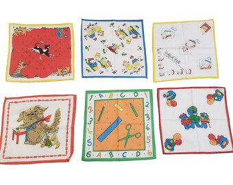 Lot Of 6 Vintage Children's Handkerchiefs Nursery Rhymes, Animals, and More VGC