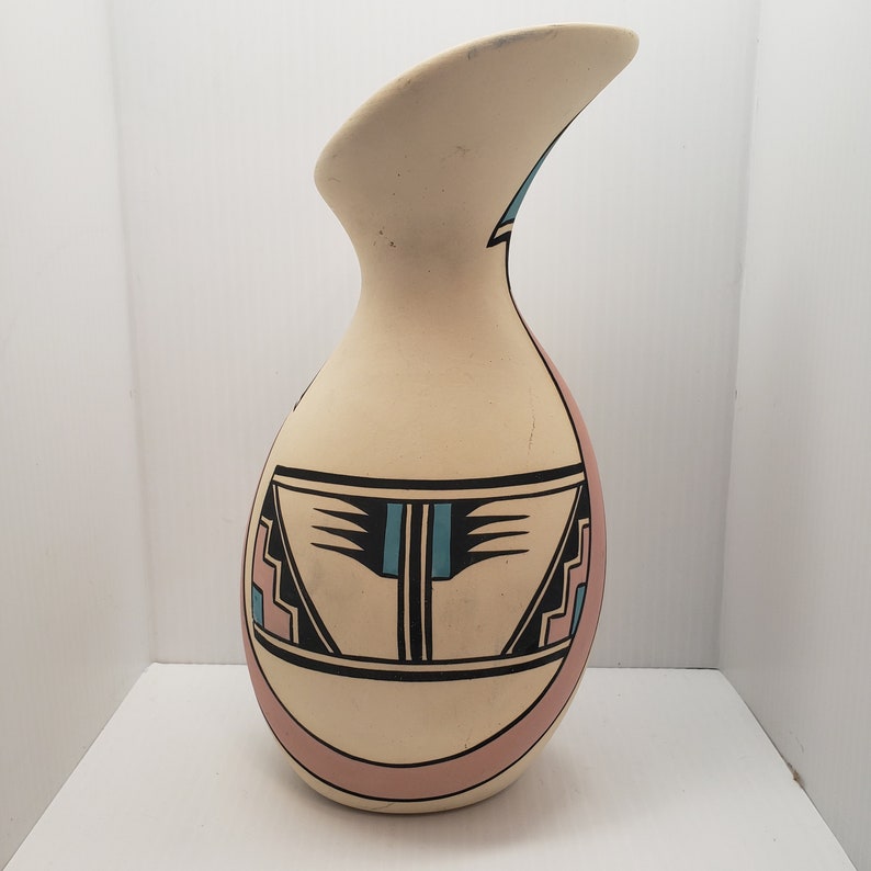 Vintage Desert Pueblo Pottery arrows Pattern Tall Vase, Signed and