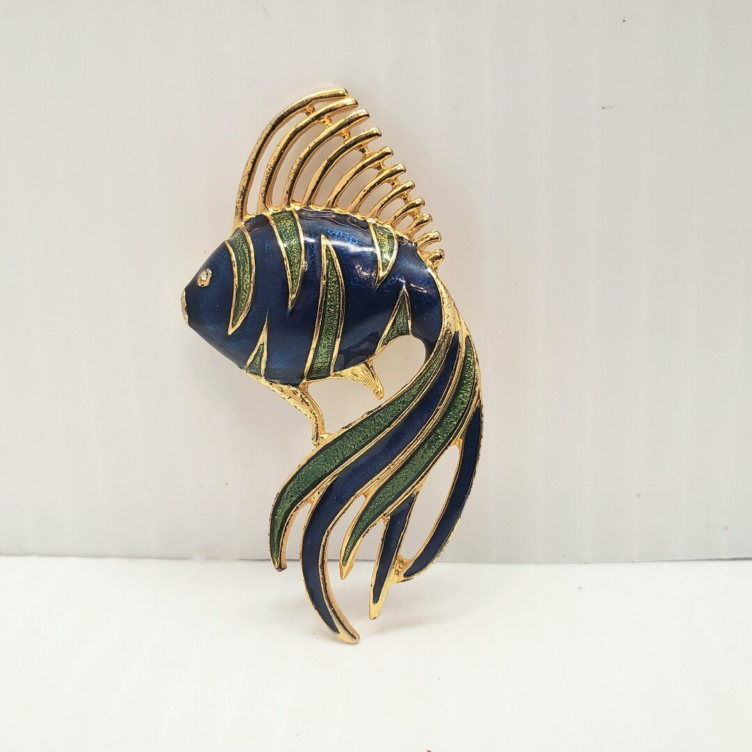 Gold Tone and Enamel Blue Green Glitter Fish Brooch Goldfish Guppy ...