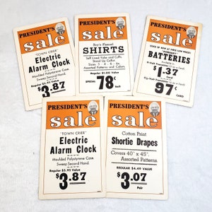 Lot de 5 panneaux publicitaires vintage des années 50 « President's Price » 7 x 11 pouces GUC