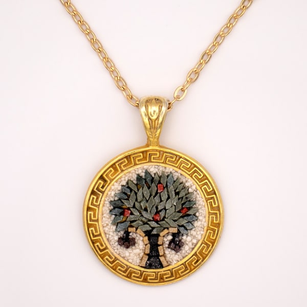 18K Gold Plated Sterling Silver Tree Of Life Micro Mosaic Necklace