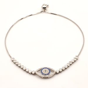 925 Sterling Silver Cubic Zirconia Evil Eye Adjustable Bracelet
