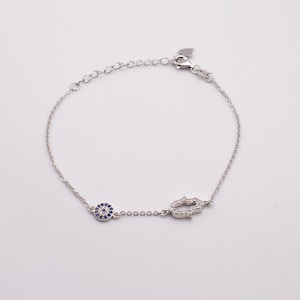 Turkish Evil Eye Hamsa Charm Sterling Silver Bracelet Gift