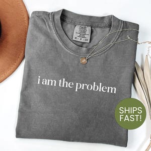 May include: A charcoal grey short-sleeve t-shirt with a crew neckline and the white text "i am the problem" printed across the chest. The shirt features a Comfort Colors brand label on the inside collar, indicating a size small, and is made of cotton.