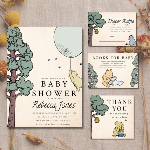 Winnie the Pooh Themed Baby Shower Invitation Bundle Template, Editable Baby Shower Invite, Digital ONLY