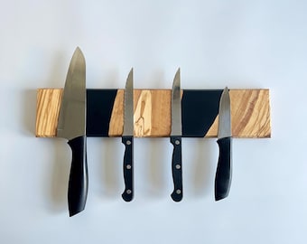 Op maat gemaakte messenhouder, magnetisch messenblok van epoxy en olijfhout, magnetisch messenrek, opberger houten mes, opberger voor mes van hars