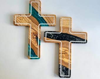 Epoxy and Olive Wood Wall Crucifix, Custom Made Resin Cross, Olive Wood Wall Decor, Unique Home Decor, First Communion Cross Gift, Religious