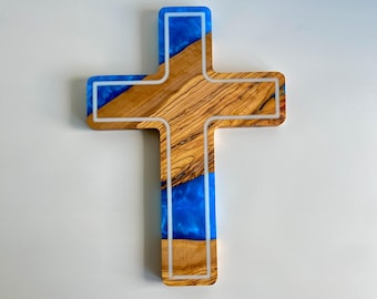 Custom Made Epoxy and Olive Wood Crucifix, Large Resin Wall Cross, Unique Home Decor, First Communion Gifts, Religious Gift, Wall Decor