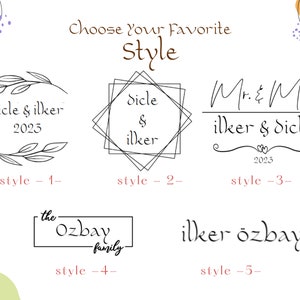 May include: An image with five different style options for a design. The text "Choose Your Favorite Style" is at the top. Each style features names and dates in various fonts and layouts, including floral and geometric designs.