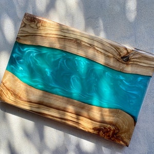 Custom Made Resin River Charcuterie Board, Epoxy and Olive Wood Serving Board, Rectangle Resin Serving Plate, Handmade Serving Tray, Unique image 6