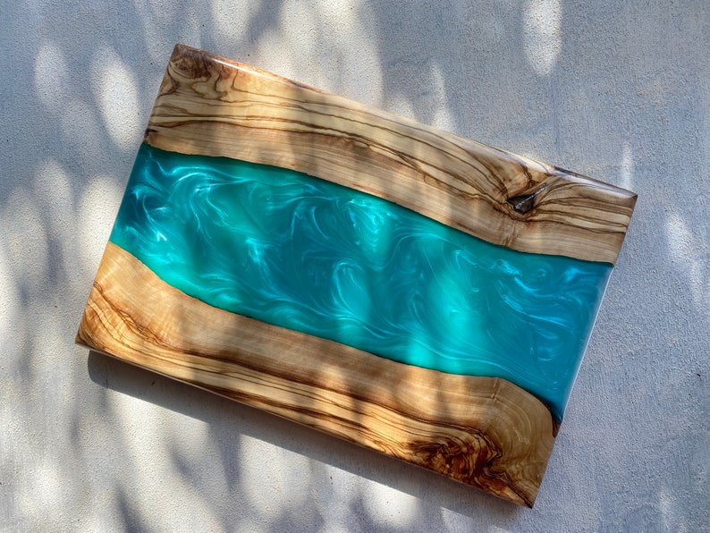 Custom Made Resin River Charcuterie Board, Epoxy and Olive Wood Serving Board, Rectangle Resin Serving Plate, Handmade Serving Tray, Unique image 6