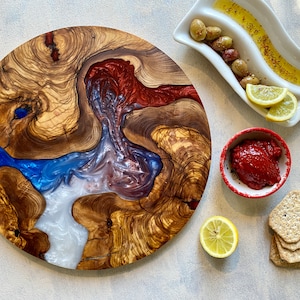 Custom Made Resin Charcuterie Board, Epoxy and Olive Wooden Serving Board, Round Pizza Board, Serving Tray, Unique Housewarming Gift