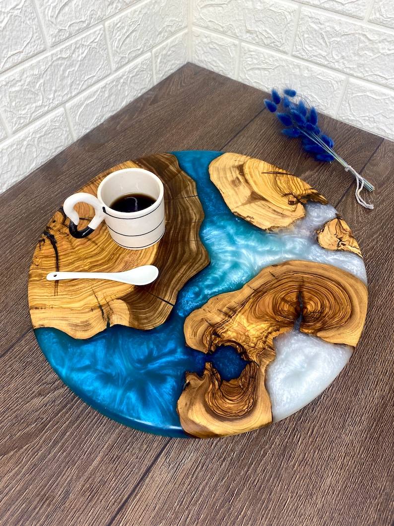 Personalized Charcuterie Board, Resin and Olive Wood Serving Board, Epoxy and Wooden Serving Platter, Round Pizza Board, Circle Serving Tray image 1