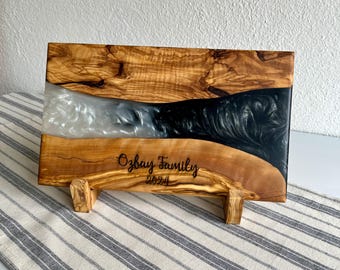Custom Made Charcuterie Board , Personalized Resin Cutting Board, Epoxy and Olive Wood Serving Board, Custom Made Breakfast Board