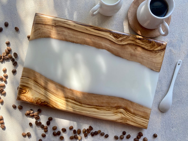Custom Made Resin River Charcuterie Board, Epoxy and Olive Wood Serving Board, Rectangle Resin Serving Plate, Handmade Serving Tray, Unique White