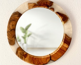 Custom Wall Mirror with Epoxy Resin and Olive Wood, White Bathroom Mirror, Round Large Wall Mirror, Decorative Mirror, Modern Home Decor