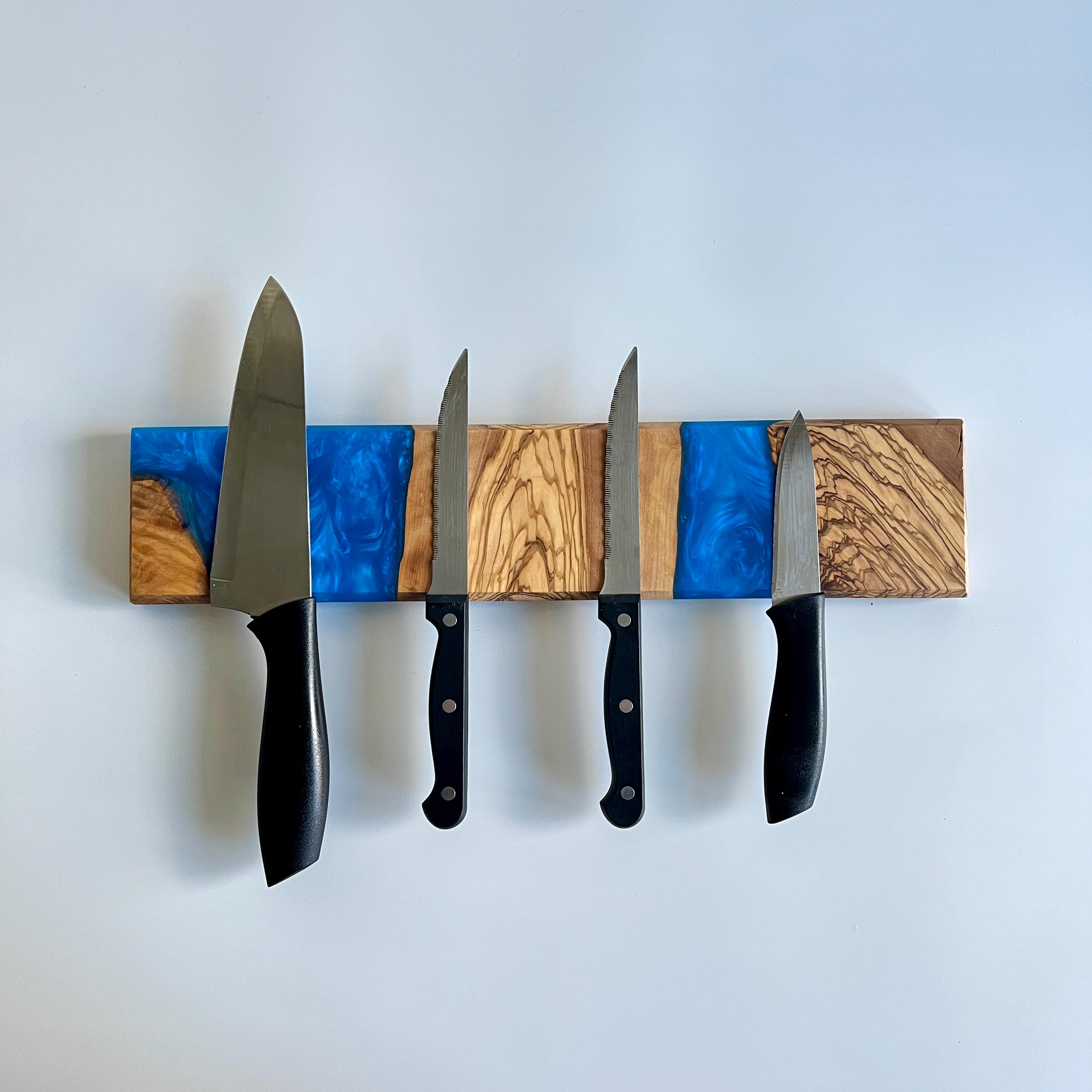 Magnetic Resin and Olive Wood Knife Holder, Epoxy Knife Block