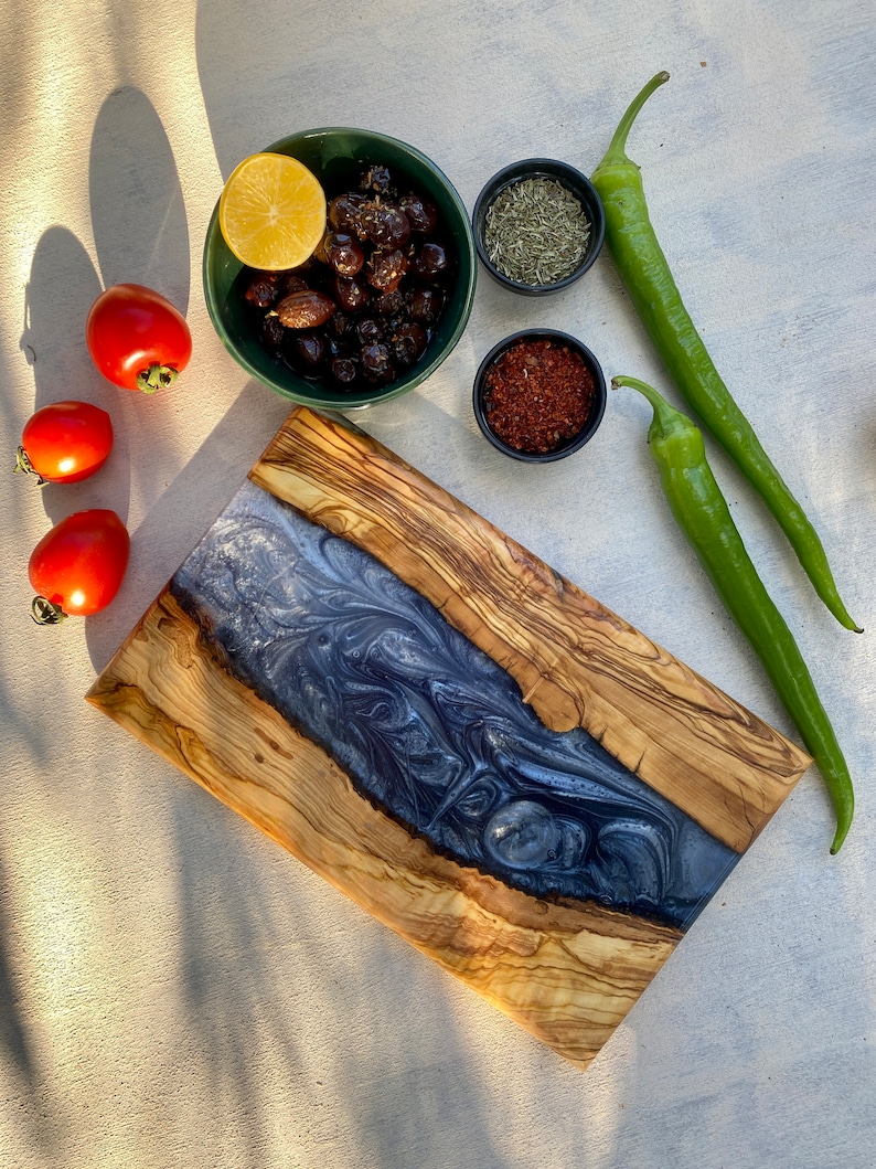 Custom Made Resin River Charcuterie Board, Epoxy and Olive Wood Serving Board, Rectangle Resin Serving Plate, Handmade Serving Tray, Unique Gray