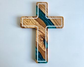 Op maat gemaakt epoxy- en olijfhouten muurkruis, groot epoxyhars muurkruis, kruis eerste communie, religieuze housewarmingcadeaus,