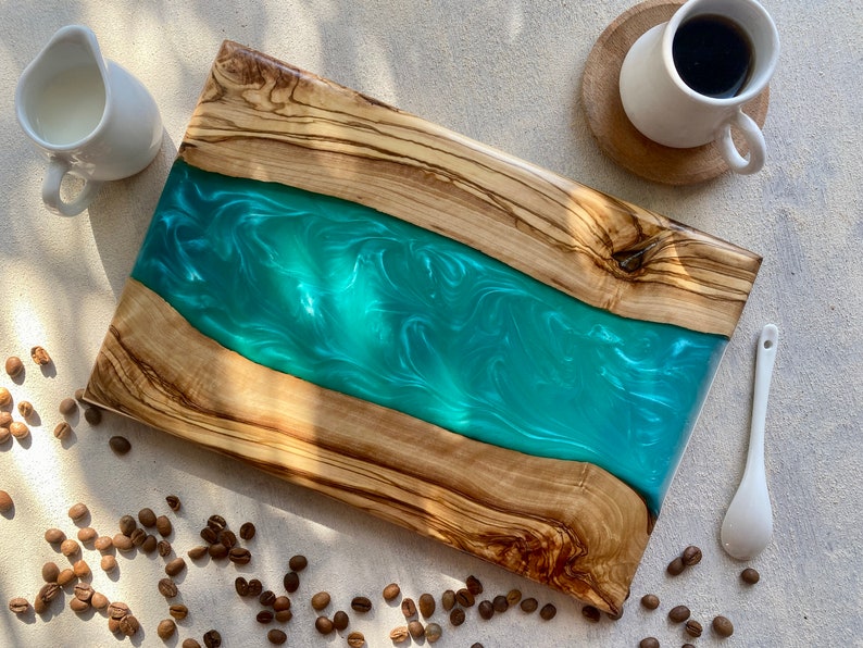 Custom Made Resin River Charcuterie Board, Epoxy and Olive Wood Serving Board, Rectangle Resin Serving Plate, Handmade Serving Tray, Unique Turquoise