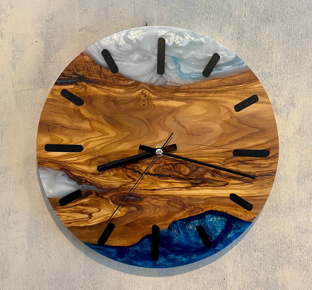 Custom Made Wall Clock Made of Olive Wood Epoxy Resin Wall Etsy