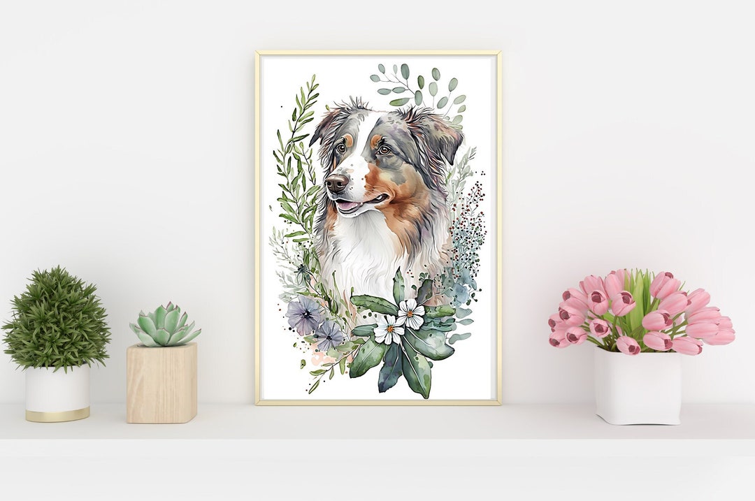 Australian Shepherd Wall Art, Digital Download, Dog Watercolor, Aussie Portrait, Animal Art