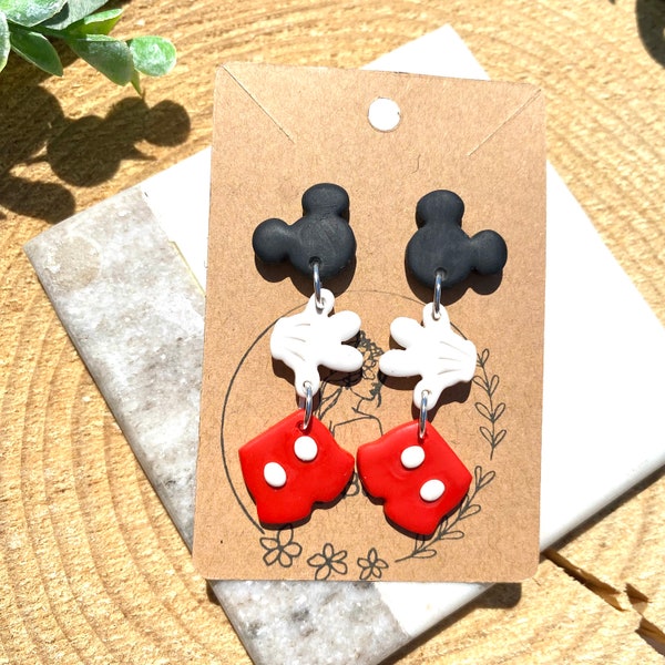 Long Dangle Mickey Mouse Earrings/ Mouse Earrings for Amusement Parks/Vacation Mickey Mouse Earrings/Clay Blossom Jewelry