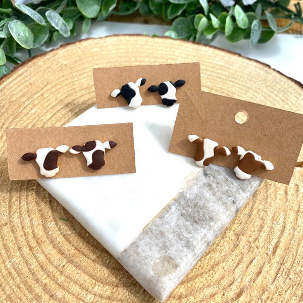 Handmade Country Girl Cow Earrings/ Cow Lover Minimal Jewelry/ Great Gift for Cow Lovers/ Cow Print Cow Studs/Clay Blossom Jewelry