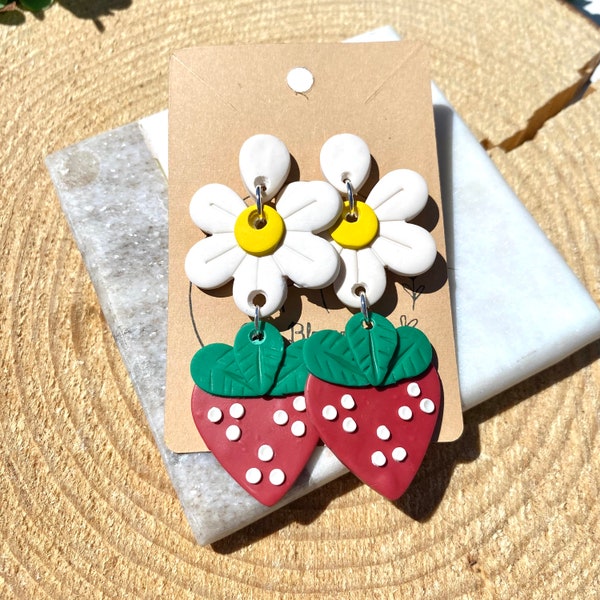 Cute Strawberry Earrings for Brunch/ Cute Dangle Date Night Jewelry/ Super Cute Girls Night Jewelry/Clay Blossom Jewelry