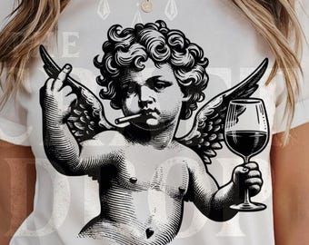 Rebellious Cherub Graphic T-Shirt – Vintage Angel Wine & Cigarette Tee | Funny Edgy Unisex Statement Shirt