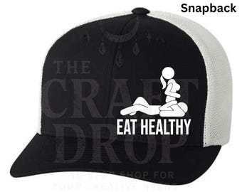 Cheeky "Eat Healthy" Graphic Snapback Cap: Adult Humor Streetwear Accessory
