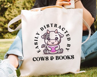 Easily Distracted Cows Book Club Bags Literary Tote Book Bestie Book Friends Cow Themed Gift Book Addict Library Totebag Booktrovert Merch