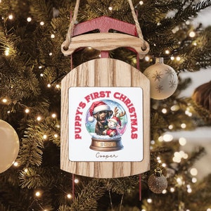 Personalized Chocolate Lab Puppy's First Christmas Sled Ornament, Custom Labrador Retriever Keepsake, Lab Mom/Mama Gift, Dog/Pet Ornament