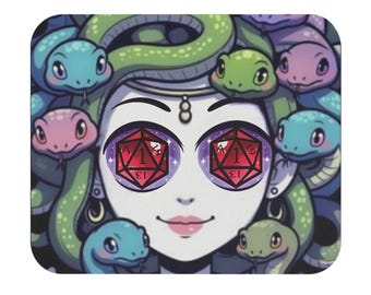 Alfombrilla de ratón rectangular con estampado de Medusa y ojos de dados. Divertido regalo para juegos de rol de mesa D&D.