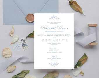 Blue Floral Wedding Rehearsal Dinner & Bridal Brunch Invitation Canva Template
