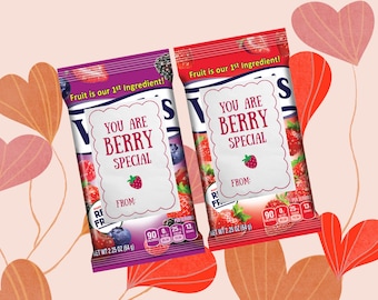 Valentines for Berry Fruit Snacks | Healthy Little Kid Classroom Valentine | Downloadable Canva Template