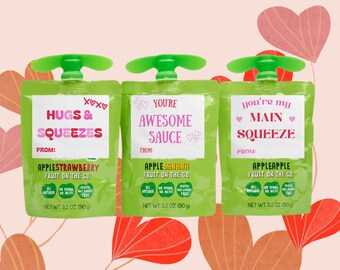 Valentines for Applesauce Pouches and Juice | Healthy Little Kid Classroom Valentine | Downloadable Canva Template