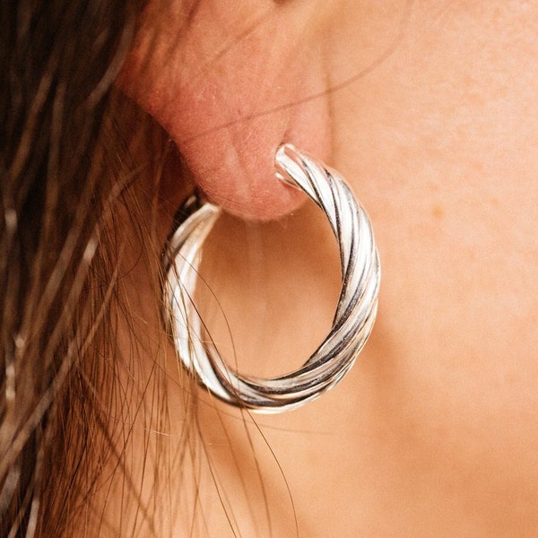925 Sterling Silver Chunky Hoop Twisted Rope Earrings 4.5 mm Thick, 2.6cm Diameter