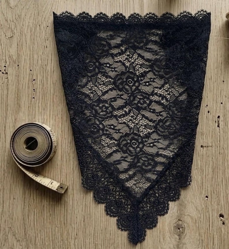 Black Lace Hair Bandana, Triangle Head Scarf, Delicate Floral Net Lace Veil, Cottagecore Hair Accessory, Vintage Style Church Mantilla,Elast image 4